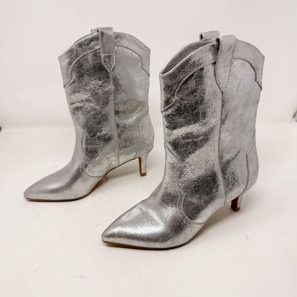 Dolce Vita Silver Leather Slouchy Kitten Heel Western Cowboy Boots Size 6 - Picture 6 of 9